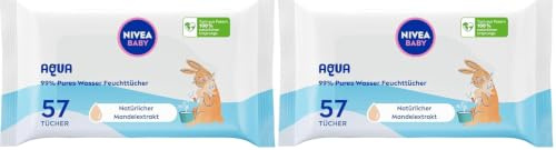 NIVEA Baby AQUA Feuchttücher 2er-Set, Baby Feuchttücher zur sanften Reinigung empfindlicher Haut, hypoallergene und parfümfreie Feuchttücher für Babys mit 99% Wasser (1 x 57 Stück)
