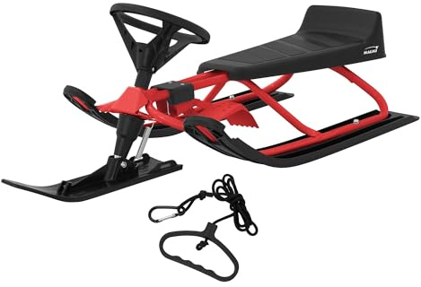 ECD Germany Trineo de Dirección Nieve Rojo con Volante y Freno de Pie 119x38x50cm Deslizador Infantil a Partir de 5 Años hasta 90kg Asiento con Respaldo Cuerda de Tracción Armazón Acero