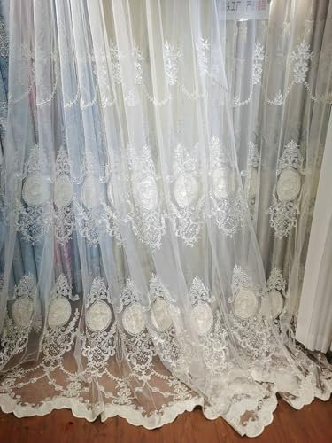 Wycian Gardine Querbehang Oben Vorhang Beige Voile 2er Pack Blumen Bestickt H244 x B107 cm (2er Pack) Polyester