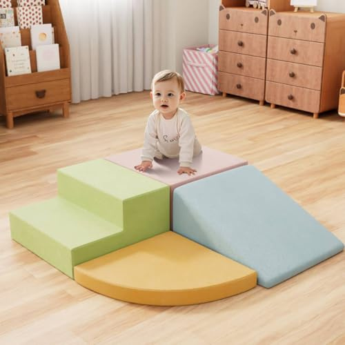 IdeaKey Baby Foam Climbing Blocks 4 Piece, Toddlers Climbing Gym for Crawling and Sliding, Indoor Playground Soft Large Foam Crawl Activity Play Set for Infant
