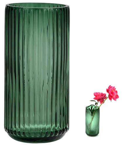 TSKDKIT Glas Blumenvase Modern Zylinder Vase, Handgemacht Kristall Vasen Grün 25cm Hoch, Thickened Gestreifte Glasvase Boho für Home Office Dekor, Tischdeko, Geburtstagsgeschenk, Hochzeiten