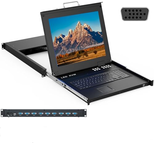 MT-VIKI Rack KVM Monitor Switch 8 Port w/17'' LCD Monitor, Fit 1U 19'' Rack, Integrated with Keyboard+Touch pad+Drawer+8 KVM Cables, Support OSD/Hotkey/Button