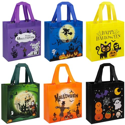 RICEDUO 6 Stück Halloween Geschenktüten Tasche Mit Griffen - Halloween Trick-or-Treat Taschen - Wiederverwendbare Süßigkeiten-Tüten für Kinder & Erwachsene - Partyzubehör Geschenke, 20×20×8 cm