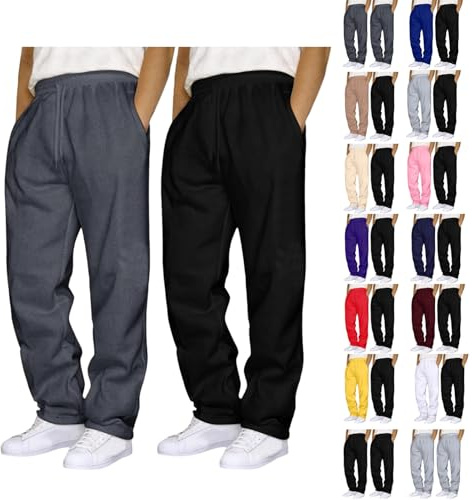 Pack of 2 Men's Joggers Mens Jogging Sweatpants with Drawstring Solid Tracksuits Bottoms Straight Wide Leg Casual Trousers for Mens UK Gym Sports Activewear Lounge Pants Soft Baggy Trouser