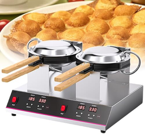 Commercial Bubble Waffle Maker, 180° Rotating Non-Stick Pan, Dual-Sided Heating with Wood Handle, Ideal for Snack Shops, Cafes, and Home Use