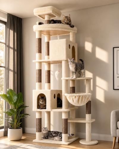 Globlazer Árbol Rascador Beige XXL Alto 213 cm con 2 Grande Nidos, 55 * 45CM Plataformas Acolchada, Percha Superior, Cesta, Juquetes Gatos, Lujo Rascador para 3-5 Grande Gatos Adultos (F83, Beige)