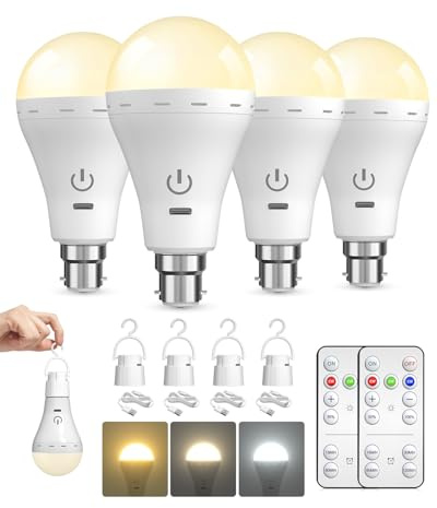 BrightArk Lampadine ricaricabili con telecomando, 3 colori + 10% -100% dimmerabile, lampadina ricaricabile USB con touch control B22 A70 LED per interni/esterni/campeggio (confezione da 4)
