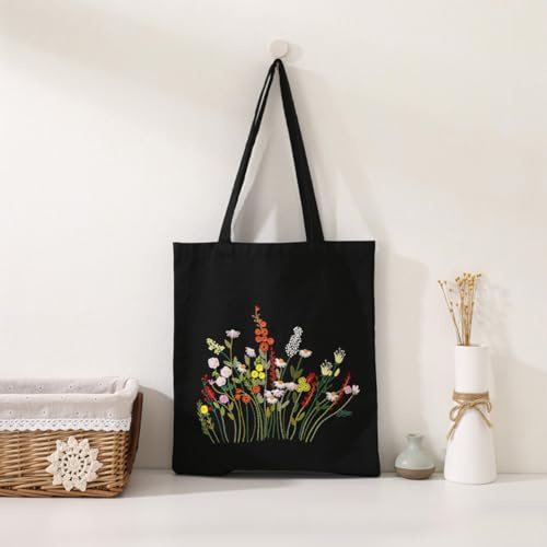 Kaseremy Stickerei Set Anfänger Tasche, Blumenmuster Canvas Tasche Stickerei Set Erwachsene Anfänger, Stickset Leinen Tragetaschen mit Anleitung Stickrahmen bunten Fäden und Nadeln (schwarz)