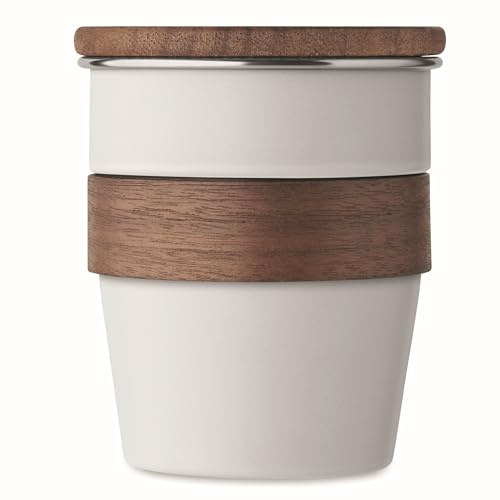 noTrash2003 Stylisher Becher 350 ml wiederverwendbar recycelter Edelstahl mit Walnussholzgriff & -deckel – Einwandiger Coffee-to-go Becher – 90 % recycelter Edelstahl – 4 Farben verfügbar (Weiss)