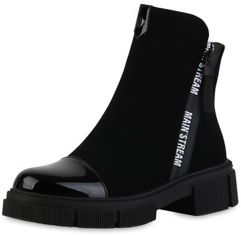 VAN HILL Damen Klassische Stiefeletten Blockabsatz Lack Trendy Schuhe 217628 Schwarz Lack 38