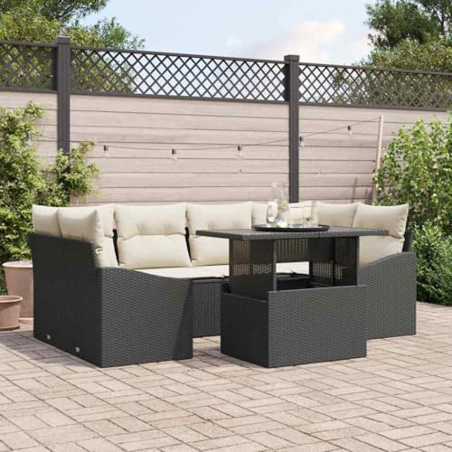 Qnhdfrt 7-teiliges Garten-Sofa-Set Schwarz PE-Rattan mit Couchtisch, wetterfestes Outdoor-Loungeset für Terrasse, Balkon und Garten, modernes Design für bis zu 6 Personen
