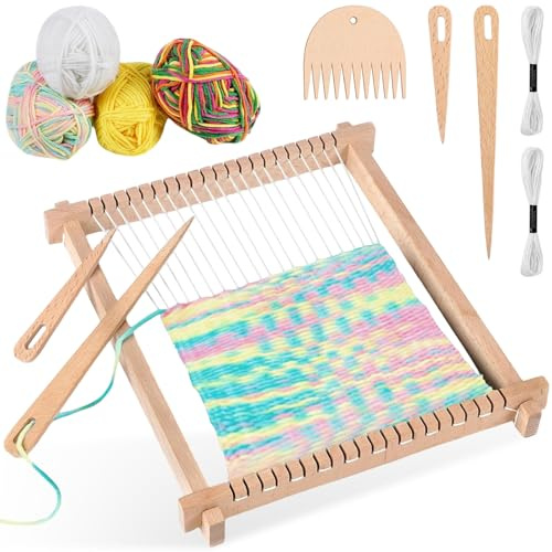 Xinxinphi 12 Pezzi Kit Telaio Tessitura Legno Fornito Fili & Pettine, Cornice DIY 24 x 28 cm, Tessiture Macchina Tessere Manuale, Navetta e Lana Filata per Principianti, Bambino & Ragazza