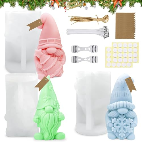 Silikonform Weihnachten Wichtel 3 Stück mit Docht-Set | Silikon - Spülmaschinenfest - Wiederverwendbar - 40 Dochte & Zubehör - Für DIY-Kerzen Weihnachtsbasteln