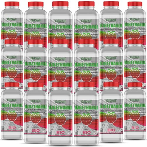 GiDeli Bioetanol 18 x 1 l de aroma a fresa silvestre 96,6% etanol para chimeneas interiores y exteriores, sin humo ni hollín, de maíz y remolacha azucarera