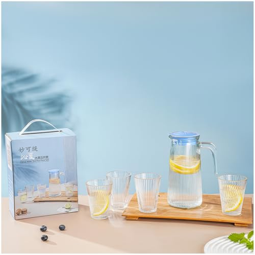 OHAANYY Juego de 5 Jarras Vidrio con Tapa, Jarra 750ml Resistente al Calor & 4 Tazas 160ml, Cristalería Transparente para Té Helado Café Jugo Agua, Aptos Lavavajillas con Caja Regalo