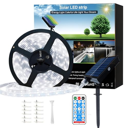 Meewata Striscia luminosa a LED solare da 6 m, impermeabile, con autoadesivo, 8 modalità con timer remoto, perfetta per terrazza, patio, sentieri, decorazioni da campeggio, bianco freddo