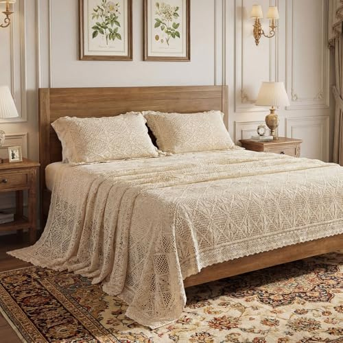 Tigeen Large Vintage Bedding Set Crochet Linen Bedspread Hook Floral Beige Lace Blanket for Bed Spread with Pillowcases 3 Pcs, Gifts for Woman, Comforter Bed Cover for All Seasons (King)