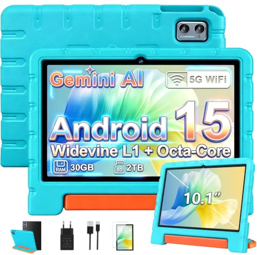 ZIOVO Tablette Enfants 10 Pouces Android 15, 30Go RAM+64Go ROM (TF 2To), 5G WiFi Tablettes, Gemini AI, Octa-Core/Widevine L1/Face ID/Contrôle Parental/6000 mAh/BT 5.0, Tablette avec étui EVA -Vert