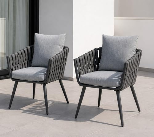 Gardissimo Dining Gartenstuhl 2er Set Nizza, Rope Bespannung | Aluminium, mit Armlehne, Wetterfest, 120 kg Belastbar, Outdoor Armlehnensessel