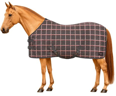 Brama-West Fleece Abschwitzdecke Pferd – Anti-Pilling Pferdedecke Atmungsaktiv mit Kreuzgurten (tommato Check, 135)
