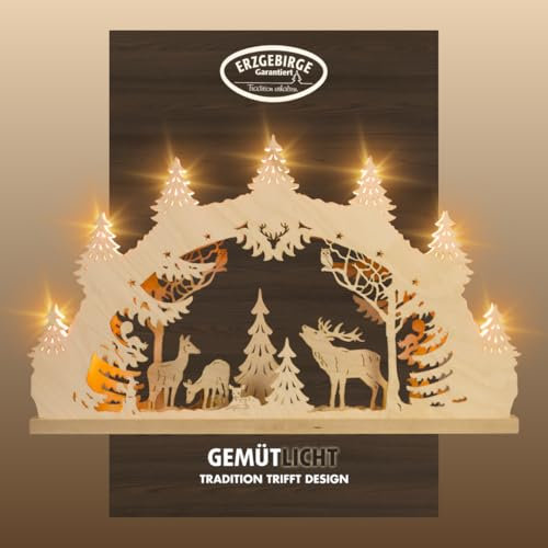 WEIGLA - Schwibbogen original Erzgebirge I Lichterbogen Weihnachten aus Holz I Motiv Hirschfamilie I 7 Lampenkerzen + 1 Ersatzlampe I 7x34V, 3W, E10 I beleuchtete Weihnachtsdeko innen