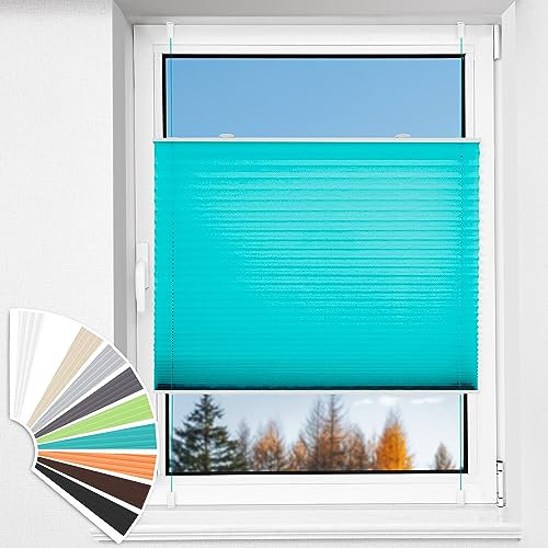 HOMEDEMO Plissee Klemmfix ohne Bohren Jalousien, Türkis, 90x130cm(BxH), Plisseerollo Fensterrollo mit Klemmträger, Faltrollo Klemmrollo Sicht-und Sonnenschutz Rollos für Fenster & Tür