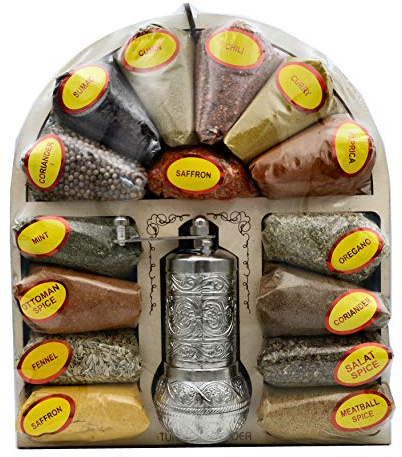 Oriental Spice Mix Gift Set in Wooden Box with Grinder Ottoman Turkish Seasoning Herbs Flavours Arabian Asian Kitchen Starter Kit (Big Spice and Herb with Grinder)