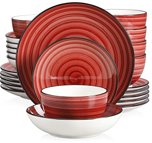 vancasso Bonbon Red Dinner Set- 24 Pieces Stoneware Dinnerware Set, Handpainted Spirals Pattern Ceramic Combination Set with Dinner Plate/Dessert Plate/Pasta Bowl/Deep Bowl, Service for 6
