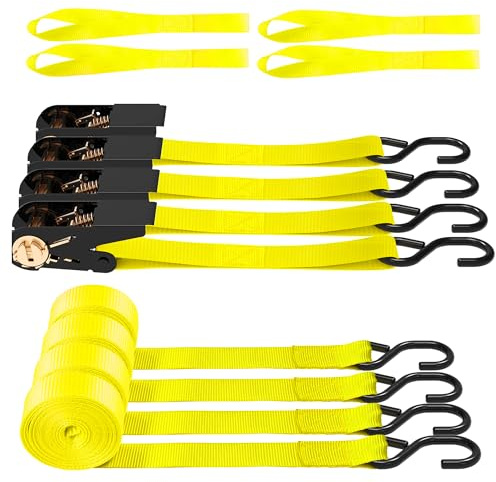 AWELCRAFT Ratchet Straps 4 Pack,1 Inch x 15 Feet Tie Down Ratcheting Strap,1500lb Breaking Strength with S-Hook,4X Soft Loops for Moving Appliances,Lawn Equipment,Truck,Motorcycle(Yellow)