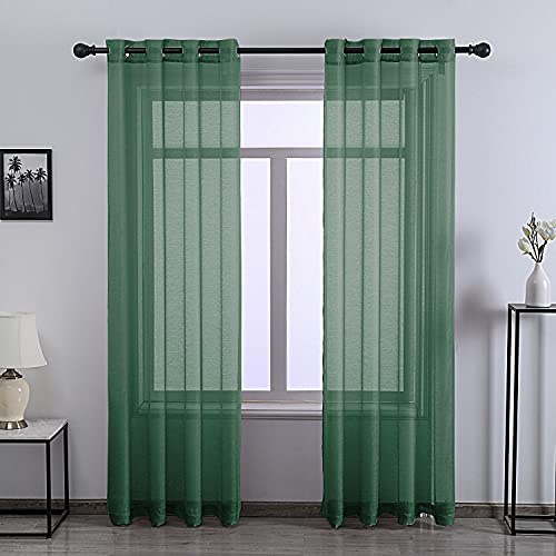 DONREN 108 Inch Extra Length Sheer Curtains for Bedroom - Grommet Top Solid Luxury Soft Gauze Voile Window Panels for Patio (52 W x 108 L,Dark Green)