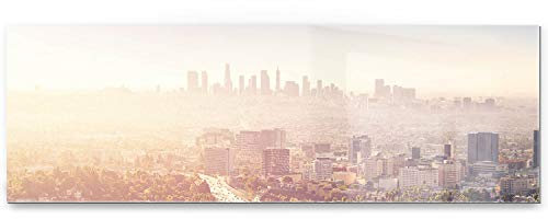 Eindrucksvolles XXL Panorama Acrylglasverbund-Bild, 8mm stark, 150x50cm Skyline LA Panoramaview als Wandbild. Das Glasbild setzt Ihr Wohnzimmer, Esszimmer oder Schlafzimmer perfekt in Szene