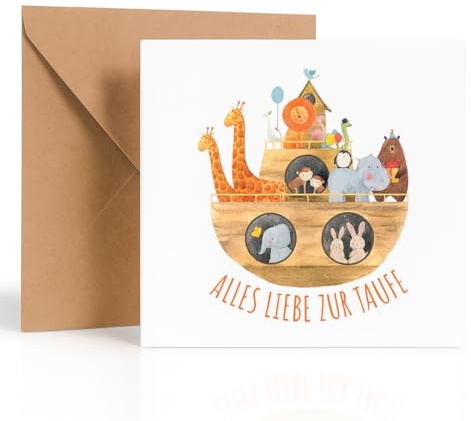Friendly Fox Karte zur Taufe Arche Noah, 1x quadratische Taufkarte mit Umschlag, zur Taufe Arche Noah, Klappkarte