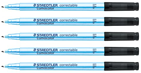Staedtler Lumocolor correctable, torkbar, radergummi i pennänden, linjebredd F 0,6 mm, lång livslängd, lämplig för projektion över head, 5 svarta pennor, 305 F-9X