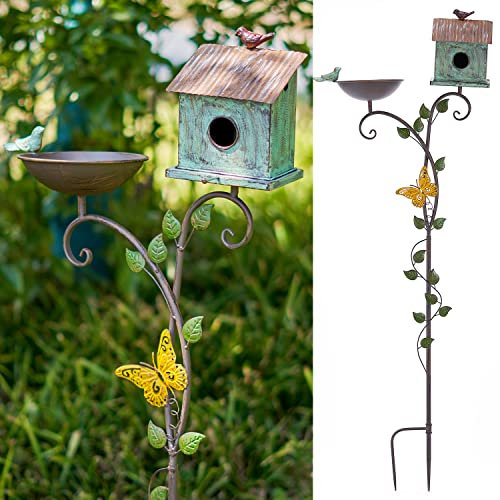SMQLJXC Vogeltränke und Vogelhäuser mit Stange, Distressed Metall Vogeltränke Schüssel und Vogelhaus Pfahl für Outdoor Garten Hof Dekoration (Vogelbäder/Vogelhäuser-C)