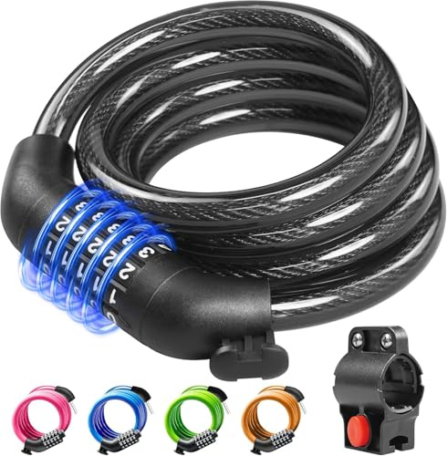 KEYSTP 5-Digit Bike Lock Cable, 12mm with Mounting Bracket, Black
