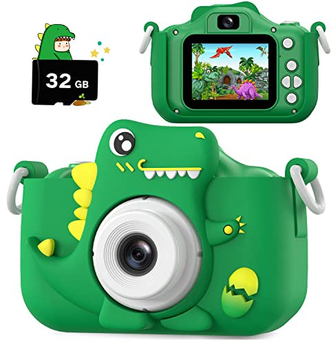 HOOMOON Dinosaure Appareil Photo, Caméra Selfie Jouet Fille Garçon, Carte SD 32 Go, Enregistreur Vidéo HD 1080p, Cadeaux d'anniversaire de Noël pour 3 4 5 6 7 8 9 10 Ans Enfants