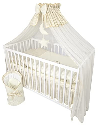 Bello24 - 13 Teiliges Babybett Kinderbett und Bettwäsche komplett Set Happy Leo inkl. Matratze höhenverstellbar für Neugeborene Babys und Kleinkinder aus Massivholz Bestickt (Teddybär Mond Hellbeige)