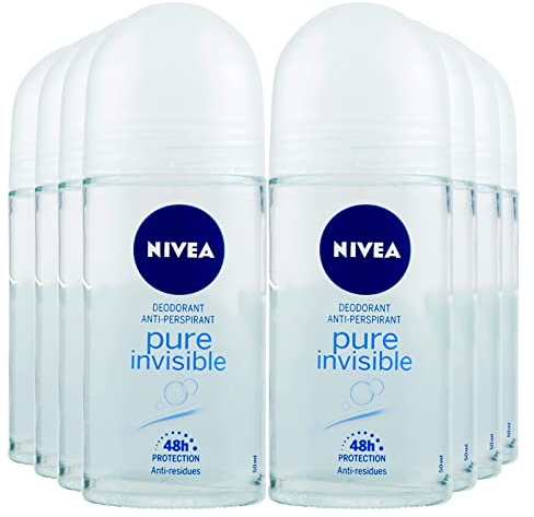 Nivea Pure Invisible Original Lufterfrischer Roll-On Antitranspirant, 48 Stunden, frischer und freier Hautschutz, hinterlässt keine Rückstände – 8 Flaschen à 50 ml
