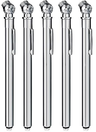 PINKJOY Pencil Tire Pressure Gauge (10-75PSI) Stainless Steel Body and Metal Made Nozzle 3 Measurements for Vehicles (5 Pack)