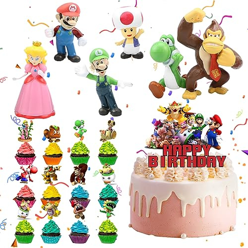 31 Stück Toppers, 6Pcs Figuren für Torte, 24Pcs Kuchen Deko, 1Pcs Geburtstag Banner, Mini Figuren Tortendeko für Geburtstage Kindern Party Kuchen Dekoration