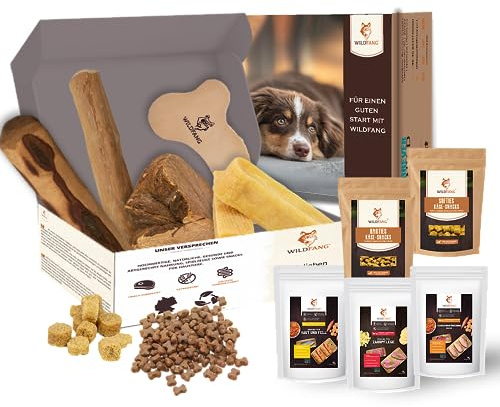 Wildfang® Willkommen Liebling Welpenstarterset – Hundespielzeug mit Natürlichen Kauartikeln, Hartkäse Probierset Leder Kauknochen Hund Olivenholz Kauwurzel, Käsesnacks und getreidefreien Hundesnacks