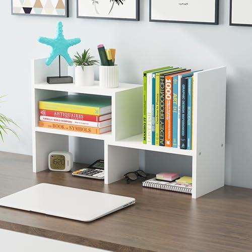 Dyserbuy Schreibtisch Regal, Verstellbarer Bücherregal Klein | Schreibtisch Regalaufsatz, für Büro, Zuhause, Lernen, weißer Holz-Organizer, Weiß