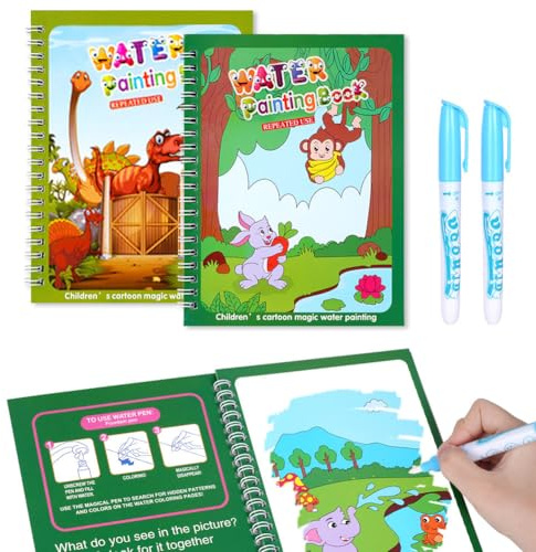 OSDUE 2 Stück Wassermalbuch, Wiederverwendbar Wasser Malbuch | Water Coloring Book Malbuch mit Wasserstift für Kinder, Magie Wasser Malbuch Doodle, Kreativer Kunst, Geburtstagsgeschenk