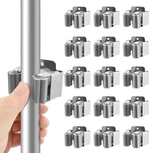 HYSHLC 15 Pcs Broom Holder Wall Mount Mop Clamp Clip Hanger Stainless Steel Organizer Gripper Mounted Utility Rack with Installation Screws Self Adhesive for Shovel Handle Garden Tool (Sliver)