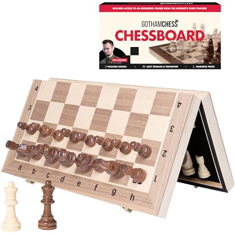 GothamChess Board | Foldable & Portable, Magnetic Chess Pieces, Organized Fitted Storage, Includes Course by International Master Levy Rozman, Game for Families & Adults | 15.75 x 15.75