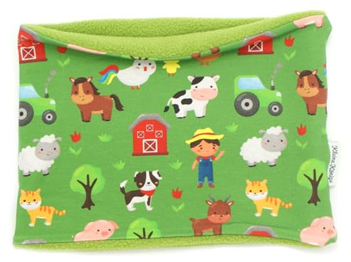 Kleine Könige Loop Schal Kinder Jungen bis 10 Jahre · Modell Pferd Kuh Bauernhof Happy Farm grün · Innen Fleece lemon · Made in Germany