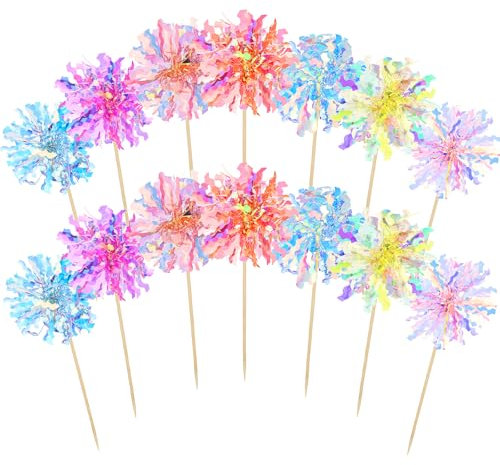 YUXIANLB 14-Teiliges Happy Birthday Kuchen Dekor Cupcake Dekor Aus Folie Mit Feuerwerk Glitzernde Lametta Kuchen Dekor Cocktail Lebensmittel Zahnstocher für Geburtstag Hochzeit Babyparty Abschluss