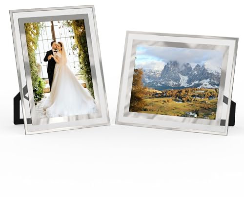 Tyanlenr 2 Pezzi Cornice Foto 13x18 Vetro, Moderna Cornici Foto 13x18 Argento, Portafoto da Tavolo Trasparente per Compleanno Natale Regalo, Orizzontale o Verticale