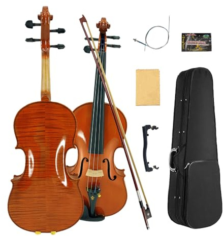 Yinfente Akustische Violine mit 4 Saiten, Ahornholz, Massivholz, Ebenholzbeschläge, extra Saite, Etui, Bogen, Steg, Reinigungstuch, Gurt für Anfänger, Kinder (Blumeneinlage)