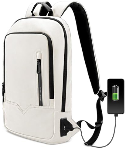 Slim Laptop Backpack for Men 15.6 Inch with USB Charging Port-White